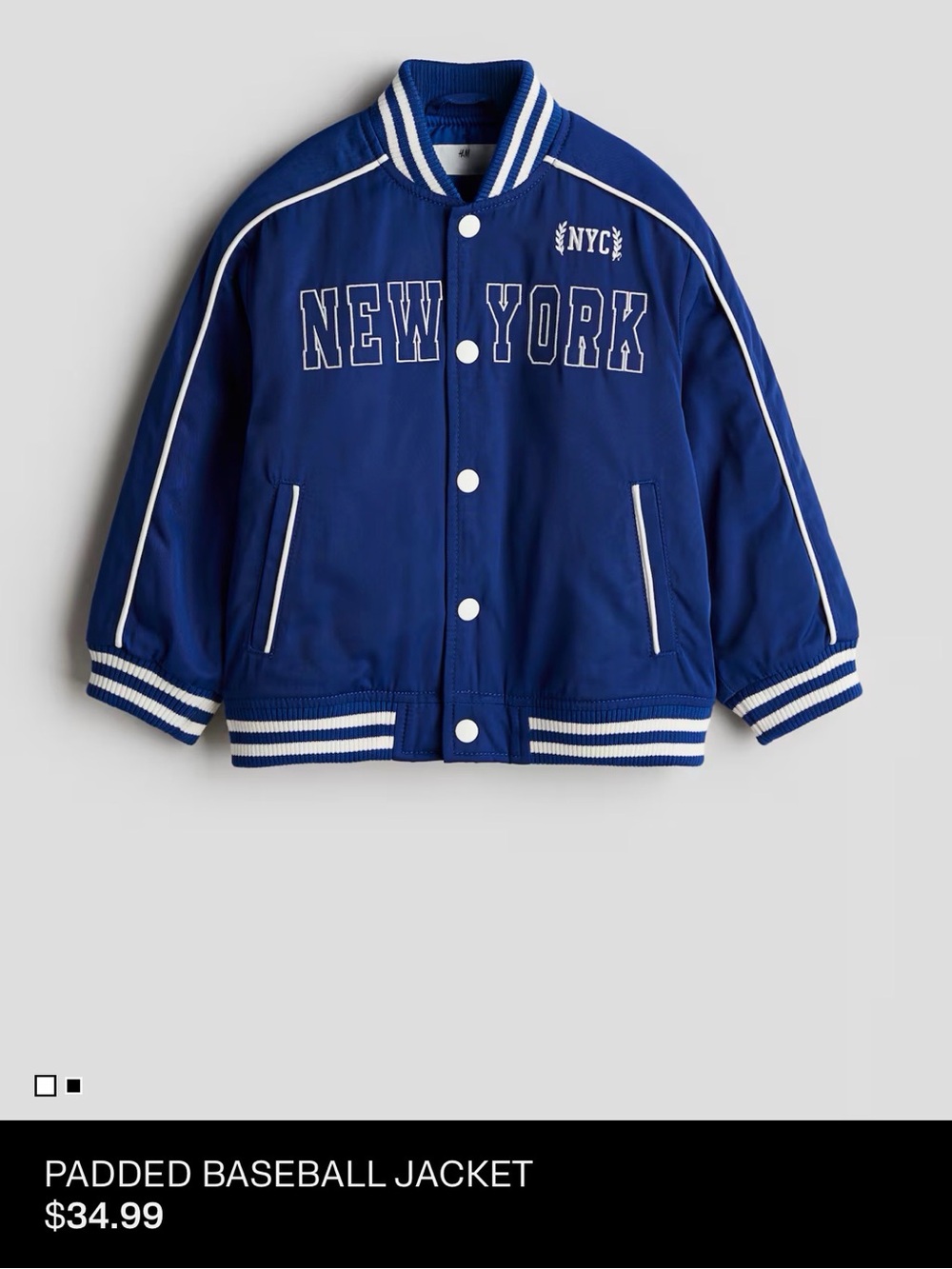 H&M Blue Padded Kids' Baseball Jacket with White Trim